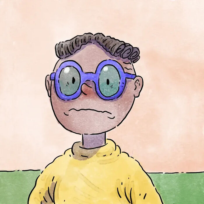 Heartwarming comics: A close-up illustration of a person with blue glasses and a yellow sweater, looking sad. Heartwarming comics: A close-up illustration of a person with blue glasses and a yellow sweater, looking sad.