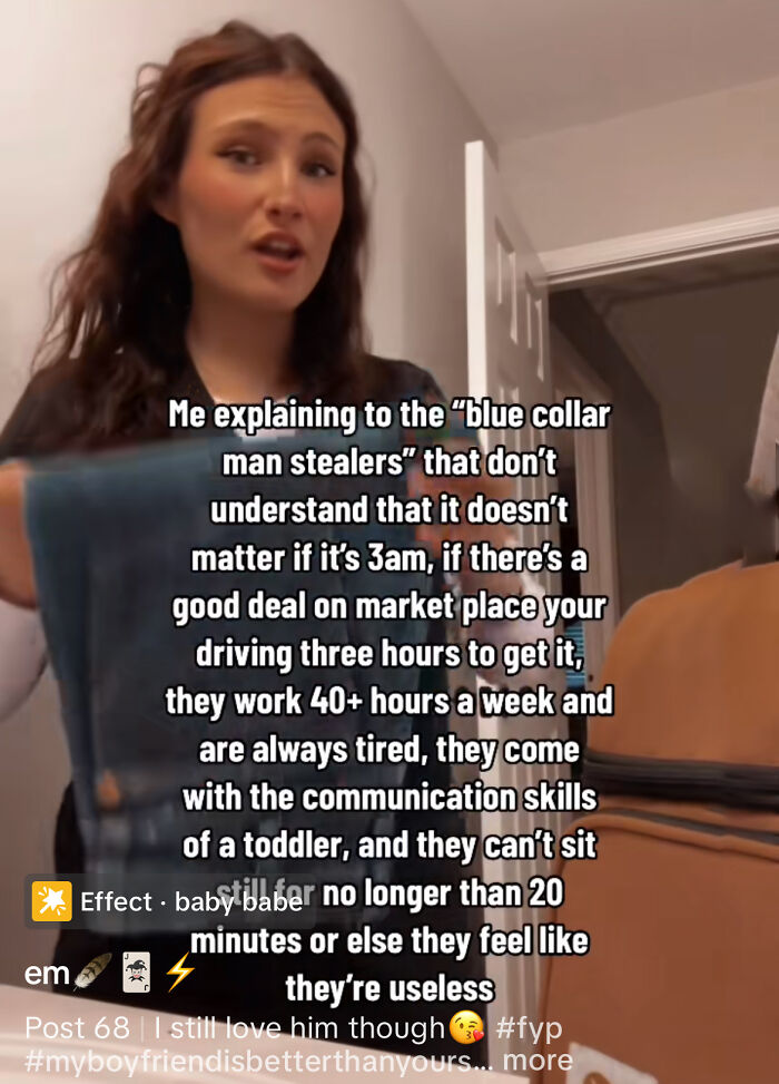 A woman explaining characteristics of blue-collar husbands, and why women share info. A woman explaining characteristics of blue-collar husbands, and why women share info.