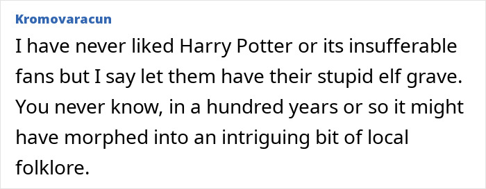 A comment from a user who dislikes Harry Potter fans but suggests letting them have their elf grave, mentioning the undersea cable.