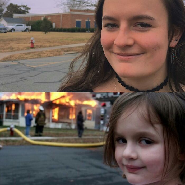 A young woman smiling in the foreground with a house on fire in the background, a random way some people got rich.