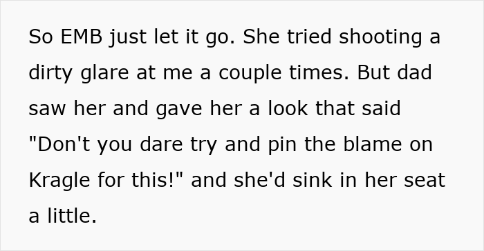 A screenshot of text where a dad gives a look to an enabling mom, defending his son from the spoiled sister's blame. A screenshot of text where a dad gives a look to an enabling mom, defending his son from the spoiled sister's blame.