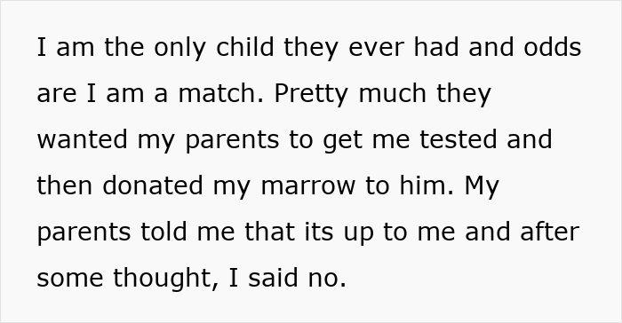 Screenshot of a Reddit post detailing the adopted teen's decision to say no to donating marrow to his birth parents. Screenshot of a Reddit post detailing the adopted teen's decision to say no to donating marrow to his birth parents.