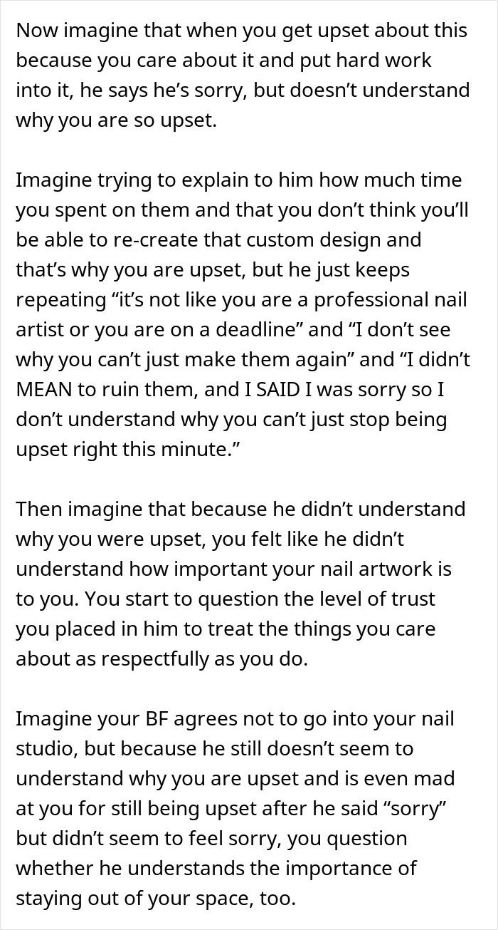 A woman's frustration grows as her guy disregards her boundaries, failing to understand her upset.