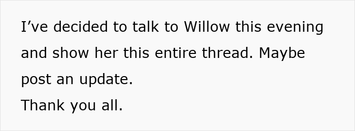Text discussing plans to talk to Willow about the in-laws' tantrum on family vacation. Text discussing plans to talk to Willow about the in-laws' tantrum on family vacation.