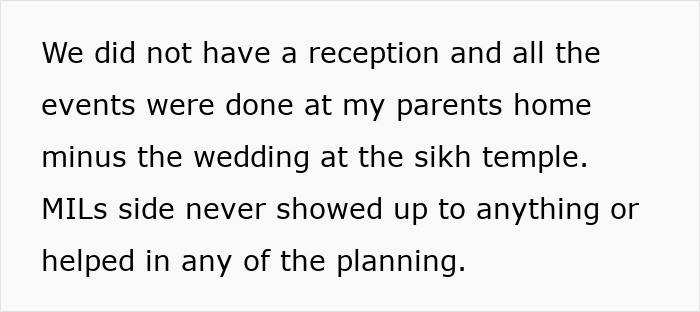 A screenshot of text about a wedding reception at the bride's parents home, with no MIL involvement. A screenshot of text about a wedding reception at the bride's parents home, with no MIL involvement.
