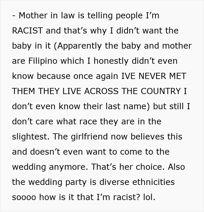 A screenshot of text from a wedding dispute where the mother-in-law is falsely accusing someone of being racist. A screenshot of text from a wedding dispute where the mother-in-law is falsely accusing someone of being racist.