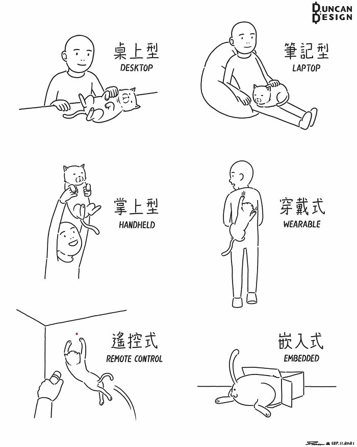 Relatable comics illustrating different ways a person holds or interacts with a cat, from desktop to embedded.