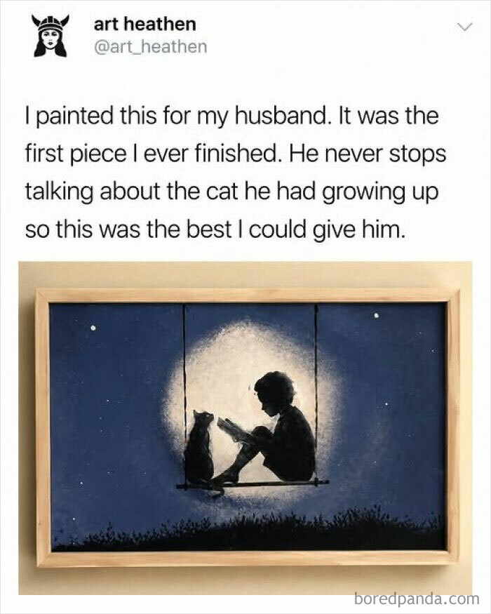Wholesome posts image displaying a painting of a person and a cat sitting on a swing under a moonlit sky.