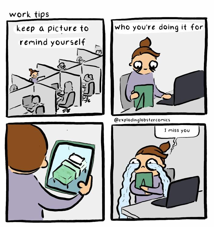 A comic about work tips, showing a person at work crying while looking at a picture of a bed.