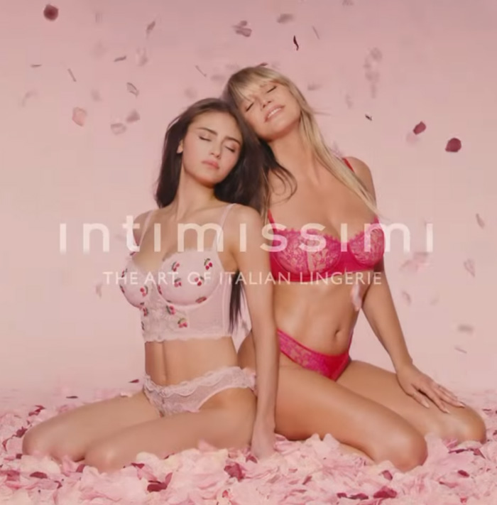 Leni Klum and Heidi Klum in Intimissimi lingerie shoots, surrounded by rose petals, addressing backlash. Leni Klum and Heidi Klum in Intimissimi lingerie shoots, surrounded by rose petals, addressing backlash.