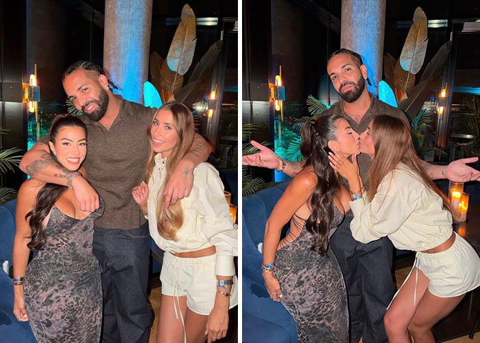 Man posing with two women, related to the Goth Baddie who won Drake's dating challenge.
