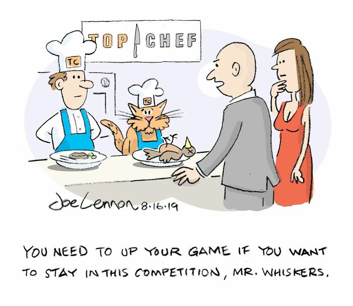 Joe Lennon comic of a cat chef presenting a bird, a funny awkward moment from everyday life.