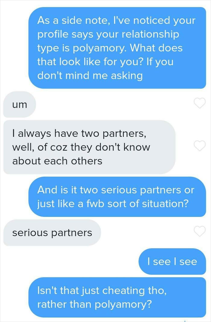 A cringey screenshot of an online dating conversation about polyamory and cheating.
