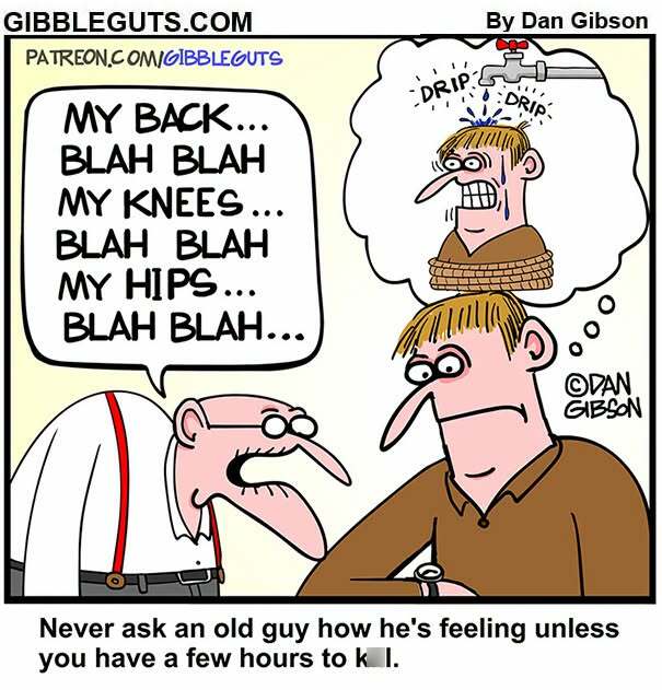 Hilarious one-panel comic by Dan Gibson depicts a man annoyed by an older man complaining about aches, proving growing older does not mean growing up.