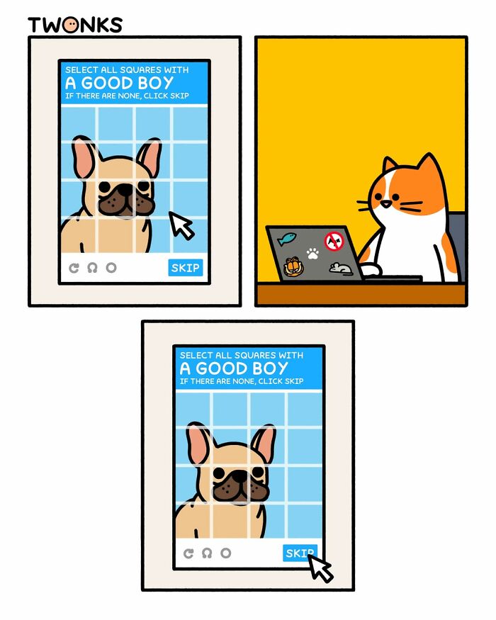 A funny cat comic by Steve Nelson shows a cat attempting to solve a captcha asking to identify a good boy.