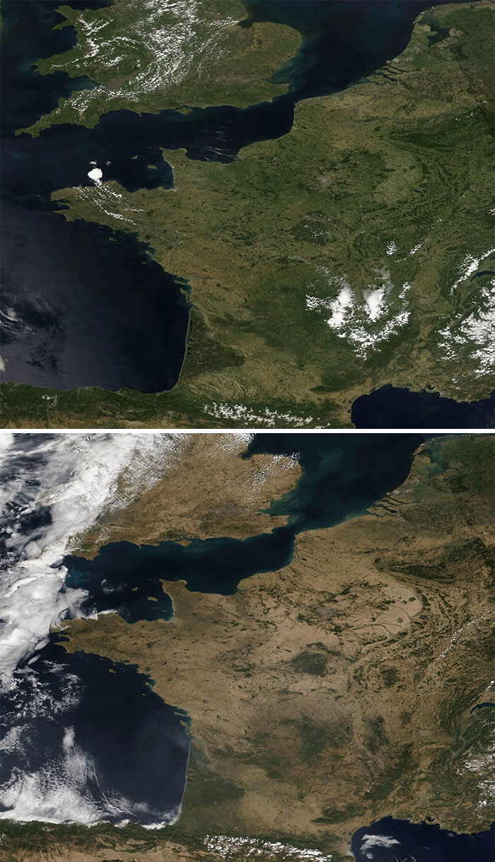 Satellite images showing France and surrounding areas before and during Europe's brutal drought, highlighting significant changes.