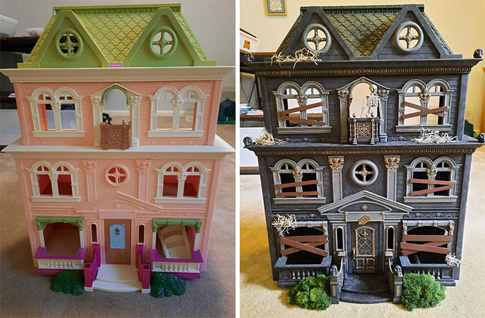 Before and after images of a dollhouse, transformed from a pink house into a spooky haunted handmade project.