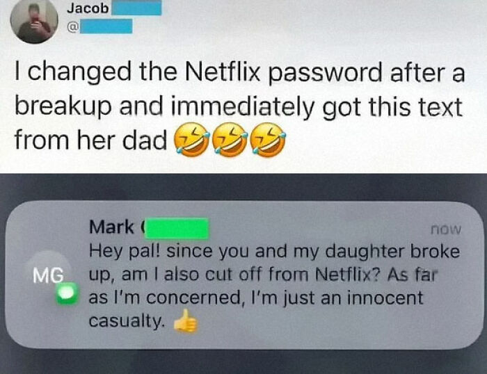 A text message showing a humorous exchange about a Netflix password after a breakup, a random joke.