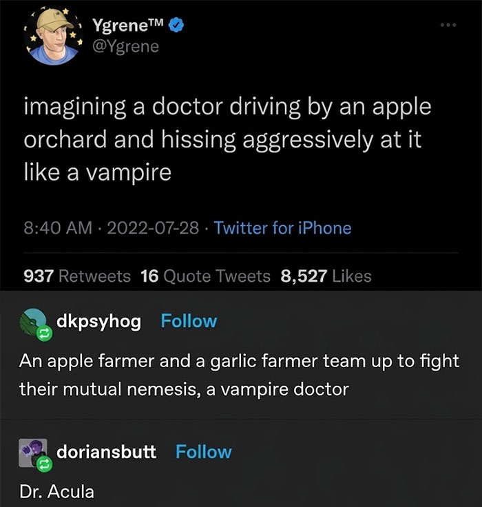 A Tumblr post about the best things, imagining a doctor hissing at an apple orchard like a vampire.