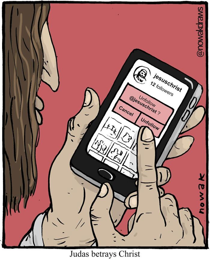 A comic of Judas unfollowing Jesus Christ on a smartphone, part of Joseph Novak's best jokes.