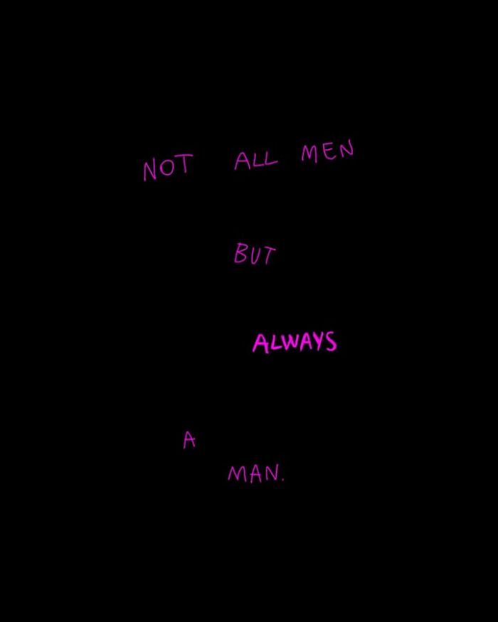 A woman's illustration with pink text on a black background, reflecting on experiences in modern society.