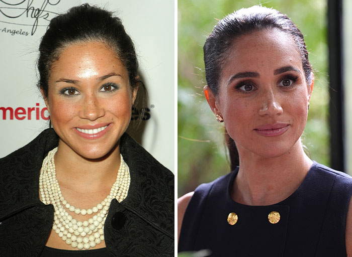 Meghan Markle's before and after fame style transformation, revealing her royal celebrity fashion.