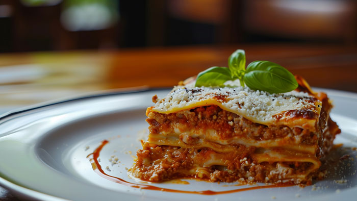 People forgot the name to something, describing a delicious plate of lasagna with basil.