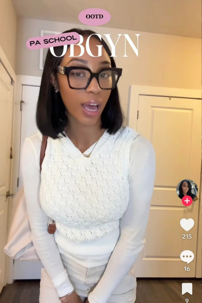 Influencer in glasses, white top, and text overlays 'OOTD', 'PA SCHOOL', and 'OBGYN' about career journey. Influencer in glasses, white top, and text overlays 'OOTD', 'PA SCHOOL', and 'OBGYN' about career journey.
