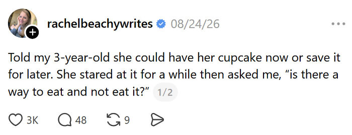 A tweet about a 3-year-old asking about a cupcake, highlighting the comedy of raising kids.