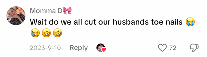 A social media comment asking if women cut their blue-collar husbands toenails, part of a new trend. A social media comment asking if women cut their blue-collar husbands toenails, part of a new trend.