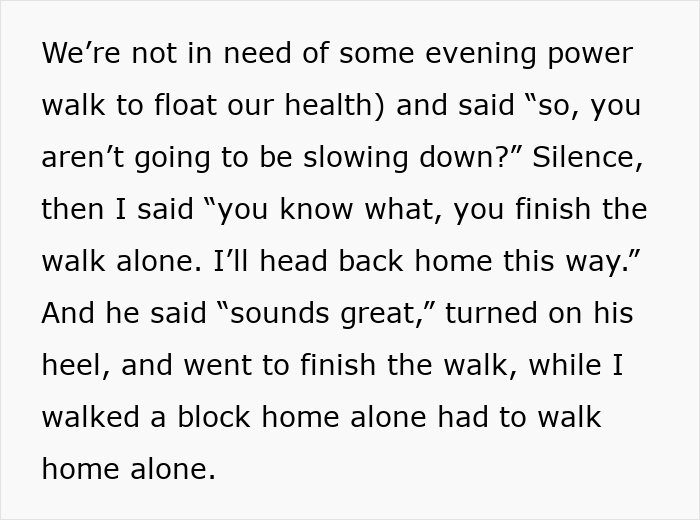 Text about a husband leaving a pregnant woman during a walk, saying he would finish the walk alone. Text about a husband leaving a pregnant woman during a walk, saying he would finish the walk alone.