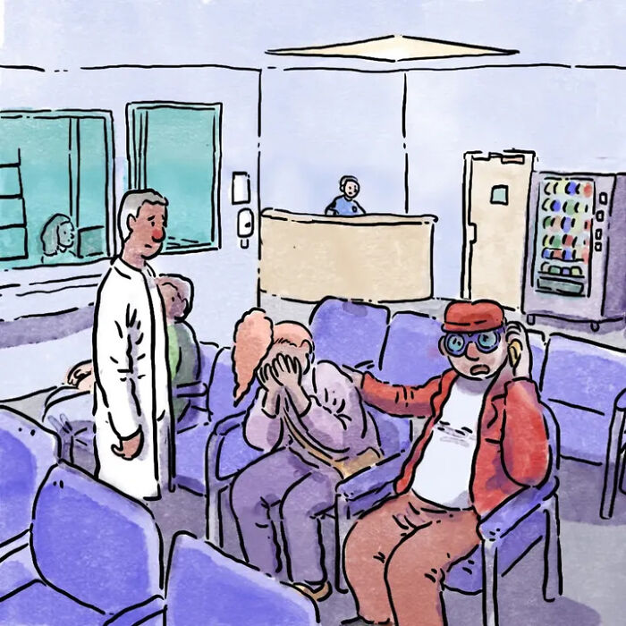 Heartwarming comics showing people in a waiting room at the vet, capturing life with pets. Heartwarming comics showing people in a waiting room at the vet, capturing life with pets.
