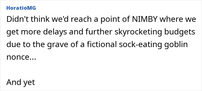 A comment expressing disbelief that Harry Potter fans caused budget delays for an undersea cable due to a fictional grave.