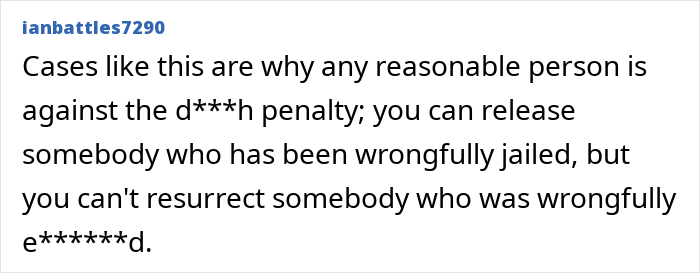 Screenshot of a comment discussing wrongful jail time and the d***h penalty, in relation to a DNA breakthrough.