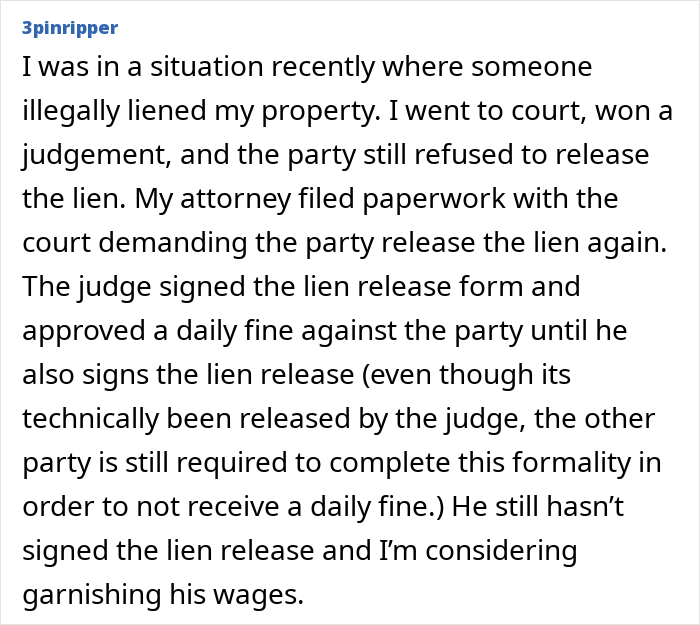 An online comment from 3pinripper sharing an experience of a property lien, highlighting the legal battles against a secret scheme.