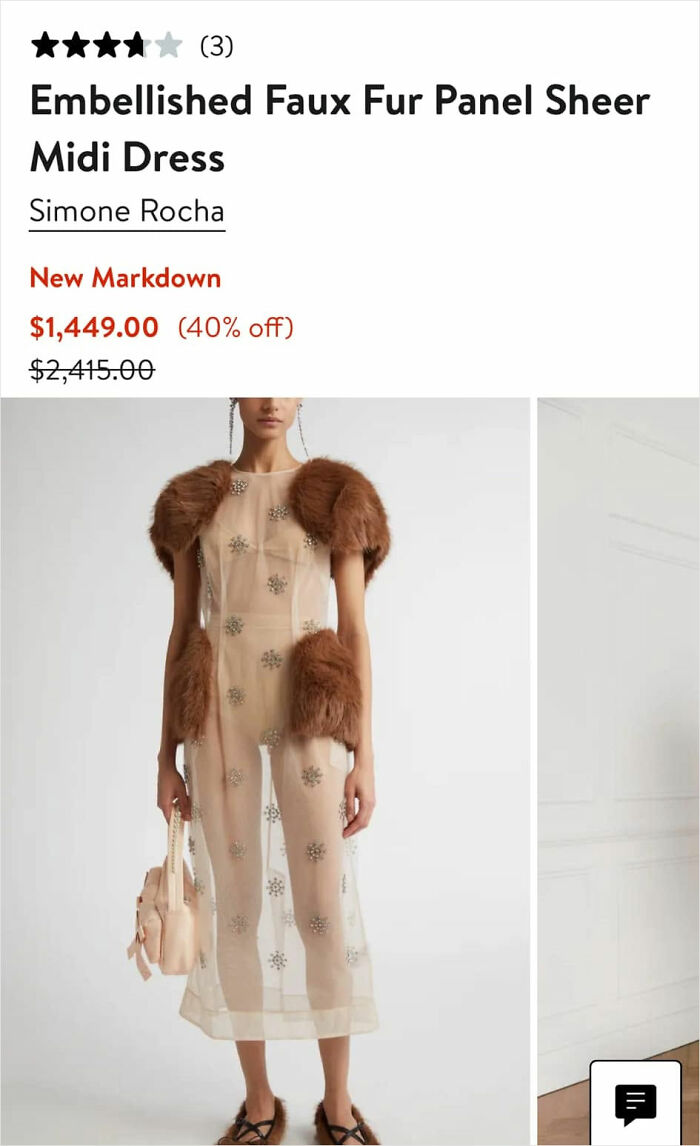 A model wearing a sheer midi dress with faux fur panels, an example of bad fashion crimes.