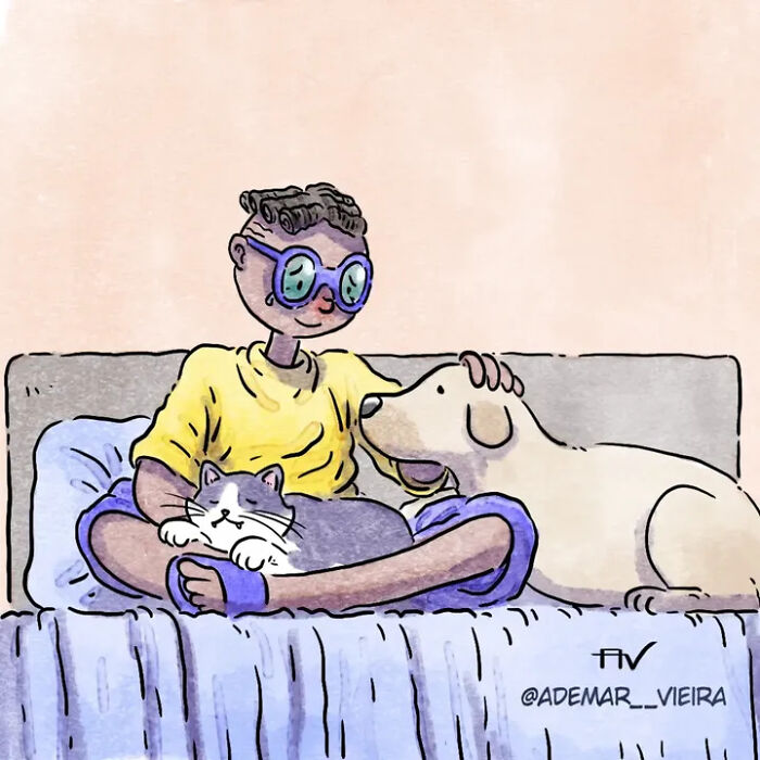 Heartwarming comics of a person with their dog and cat on a bed, perfectly capturing life with pets. Heartwarming comics of a person with their dog and cat on a bed, perfectly capturing life with pets.