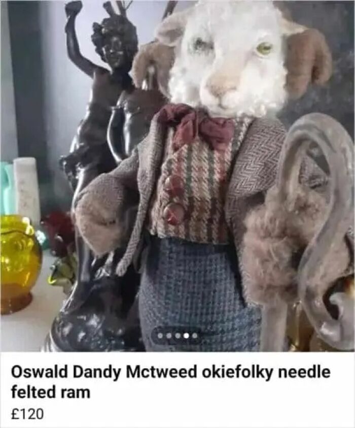 A quirky Oswald Dandy Mctweed okiefolky needle felted ram doll, featured in weird online marketplace screenshots.