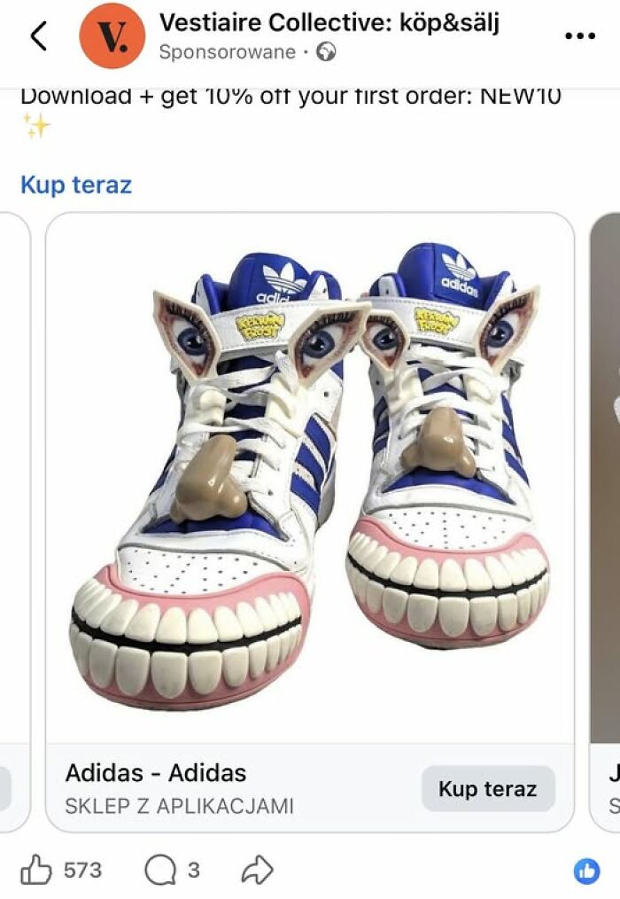 A pair of bizarre Adidas sneakers featuring eyes, noses, and sets of teeth, making for a hilariously bad fashion crime.