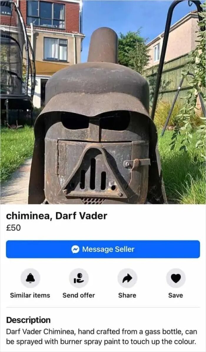A Darf Vader chiminea made from a gas bottle, an unusual item in weird online marketplace screenshots.