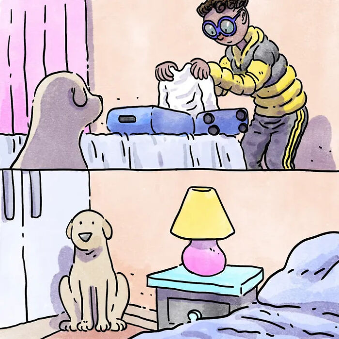 Heartwarming comics showing a person packing and a sad dog, perfectly capturing life with pets. Heartwarming comics showing a person packing and a sad dog, perfectly capturing life with pets.
