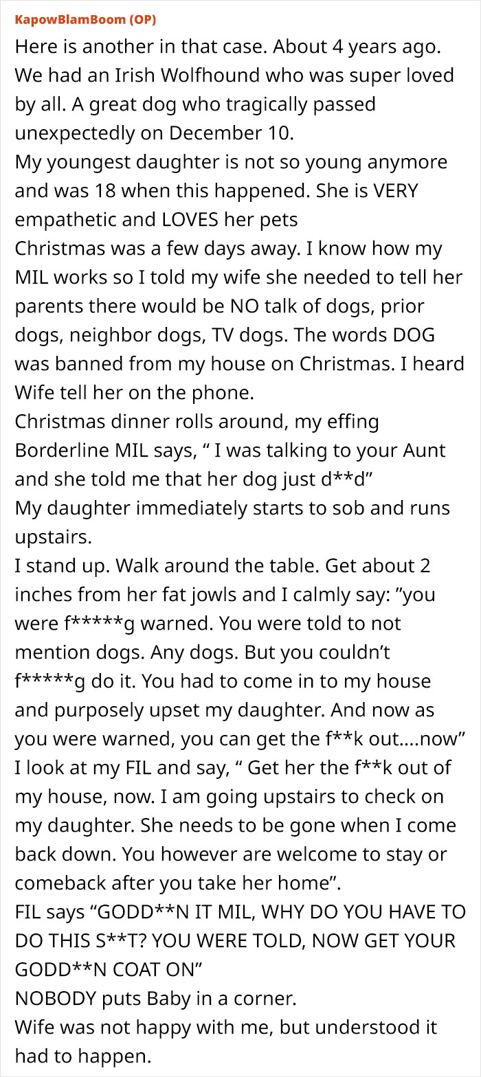 A lengthy screenshot of text from KapowBlamBoom (OP) recounting a story about a MIL, an ultimatum, and a dog. A lengthy screenshot of text from KapowBlamBoom (OP) recounting a story about a MIL, an ultimatum, and a dog.