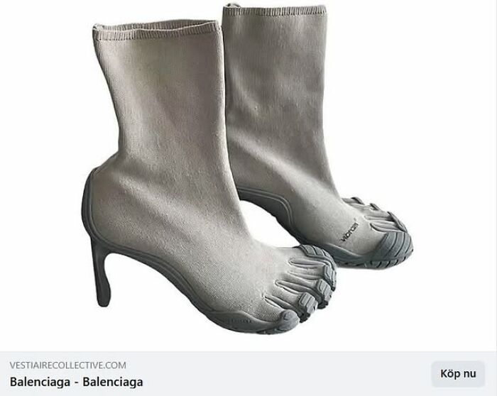 A pair of grey, high-heeled sock-like boots with separate toe compartments, considered a bad fashion crime.