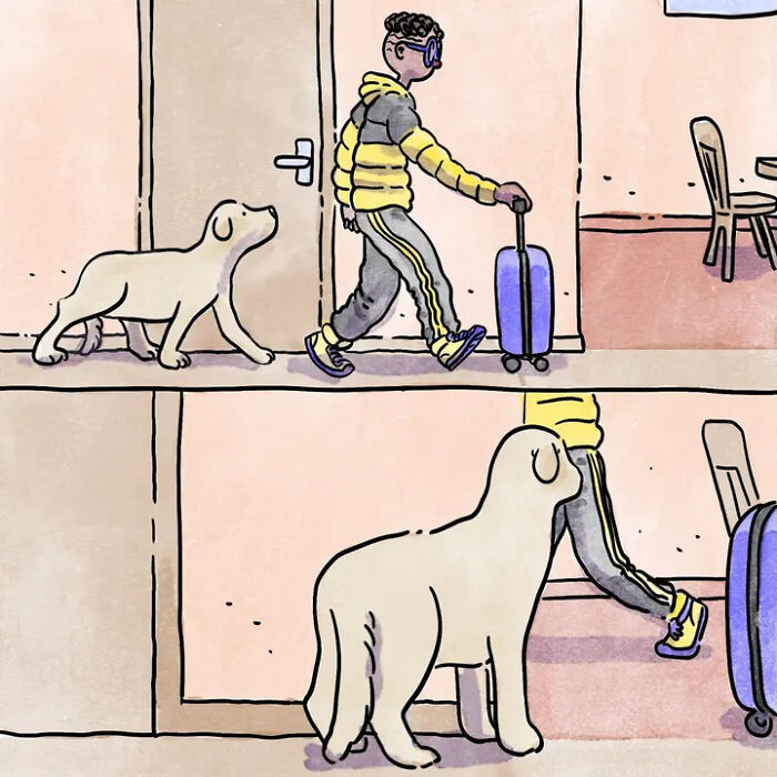 Heartwarming comics capture life with pets, showing a person with a suitcase and their dog following them. Heartwarming comics capture life with pets, showing a person with a suitcase and their dog following them.