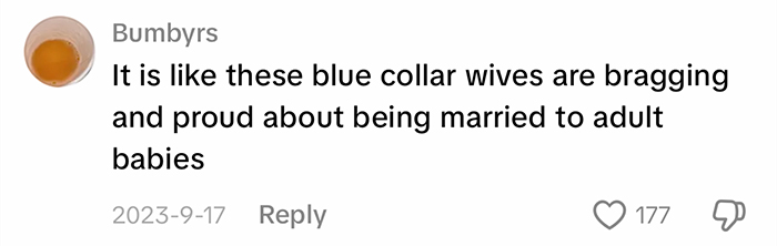 A comment on social media about blue-collar husbands and wives sharing personal information. A comment on social media about blue-collar husbands and wives sharing personal information.
