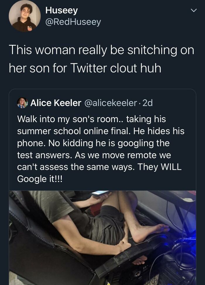 A tweet showing a parent snitching on her son for googling test answers, a problem with online finals.