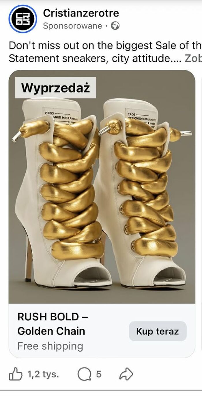A pair of white, open-toed high heel boots with thick golden straps wrapped around them, showcasing bad fashion crimes.