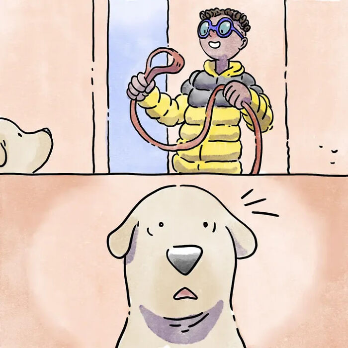 Heartwarming comics capture life with pets, depicting a person holding a leash and a dog looking surprised. Heartwarming comics capture life with pets, depicting a person holding a leash and a dog looking surprised.