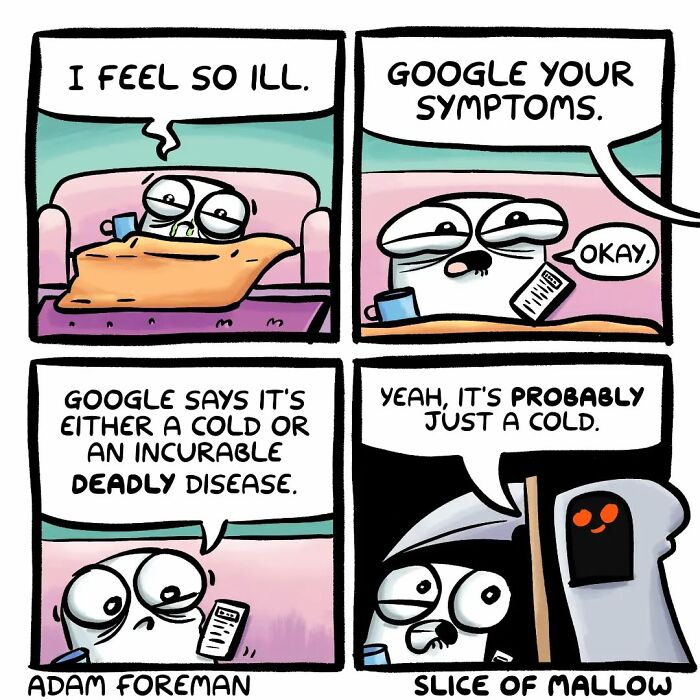 Humorous comics: A marshmallow character illustrates a common scenario of self-diagnosing an illness using Google.