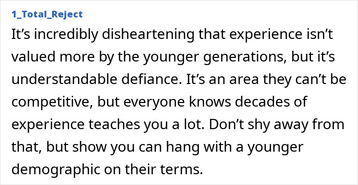 A person comments on the resume botoxing trick, noting that experience isn't valued enough by younger generations in job applications.
